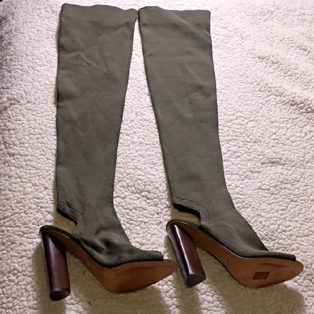 SEASON 2 Olive Green Suede Peep Toe Thigh‎ High Boots Block Heel Size 38 EU